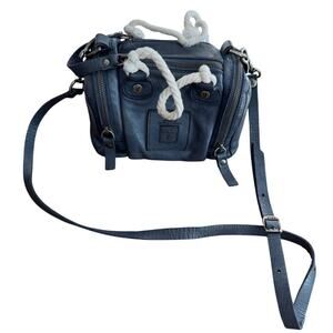 Frye Dusty Denim Blue Distressed Leather Brooke Speedy Mini Duffle Bag Purse